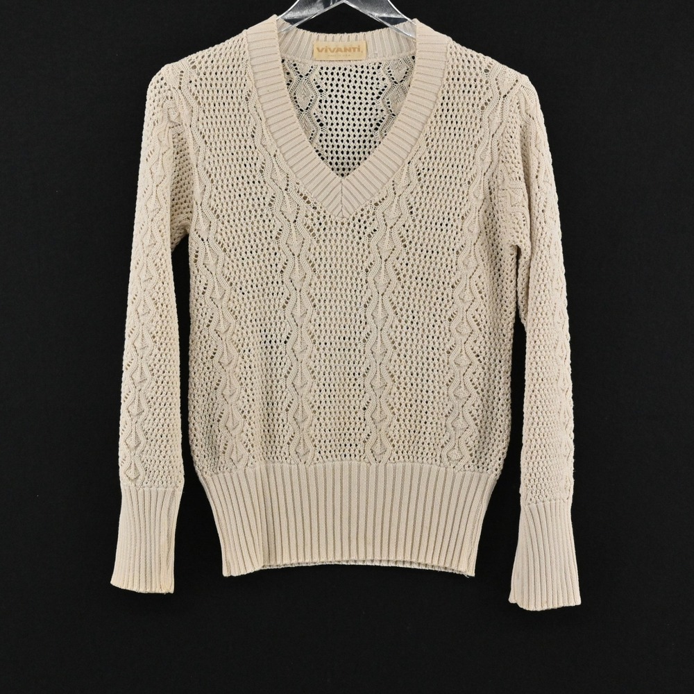 Vintage 80s Vivanti Cable Knit Sweater Womens Size S Cream Grandpa Open V Neck